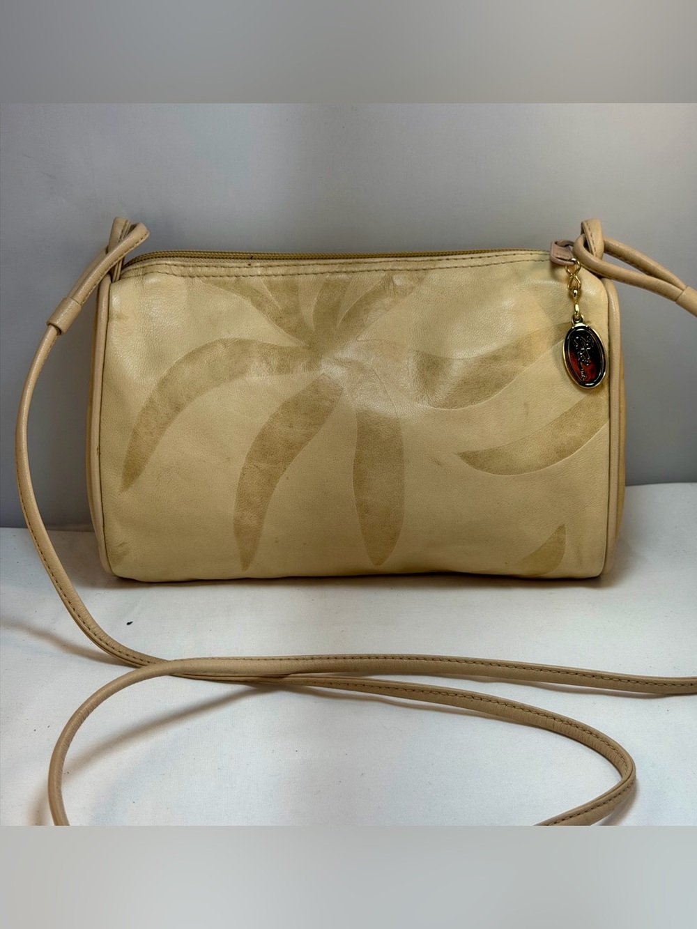 Leather Crossbody Bag in Light Beige with Palm Motif